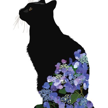 083_黒猫紫陽花イラストプリント_A4プリント