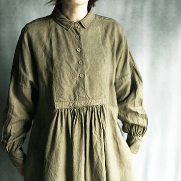 草木染5つボタンワンピース：カーキ