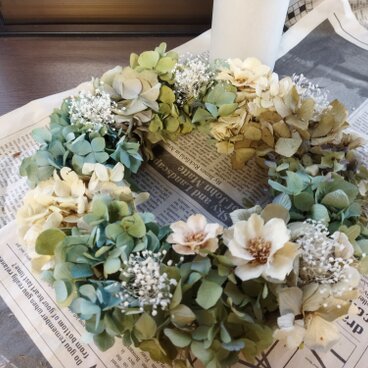 （送料無料）ドライフラワーリース　あじさいと、