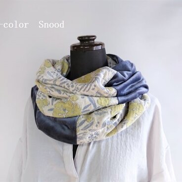 ジャガードニット＆しっとりボアのパッチワークスヌード（生成り・グレーネイビー）