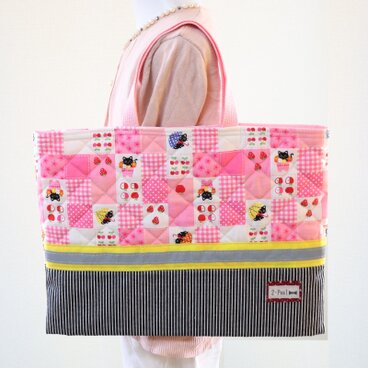 子猫　ネームタグ付　反射付　レッスンバッグ　キルト　ヒッコリー　入学入園　　ピンク