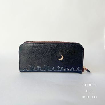 刺繍革財布『街yokonarabi』つやBLACK（ヤギ革/goat）☆slim&軽い☆ラウンドファスナー