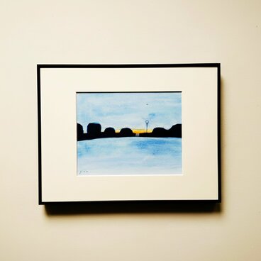 風景画｜原画「夕刻」イラスト　水彩　絵画　一点物　※太子サイズ額縁入り