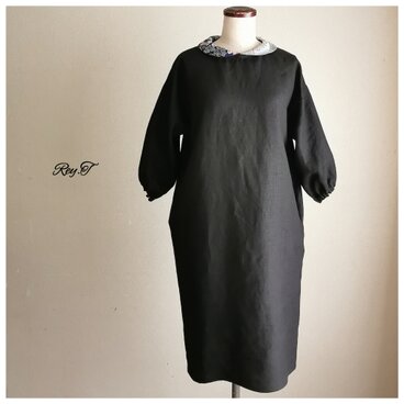 1点もの 丸襟(ミナペルホネン ハギレ使用ビーズ刺繍付)ふんわり袖 ワンピース