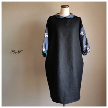 丸襟(ミナペルホネン ファブリック quartetカルテット使用) ふんわり袖口ゴム ワンピース