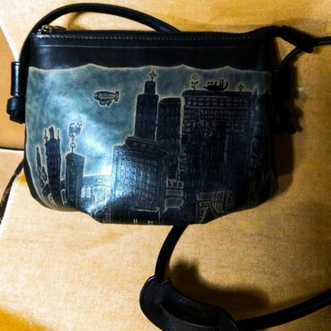 　猫のデザイン　レザークラフト　ハーフムーンポシェット　ビル猫　黒