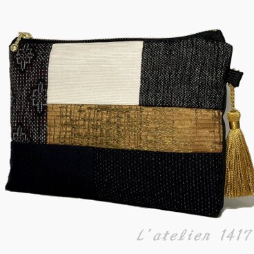 フランスのインテリア生地 × 着物生地のポーチ【P16-05】