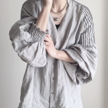 ベルギーリネンで魅せるラグランピンタックチュニック　【シルバーグレー】