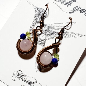 ローズクォーツ☆ワイヤーラップピアス