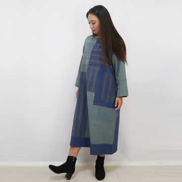 ２０％OFF手織り綿の全方向が可愛いインディゴパッチワークワンピース