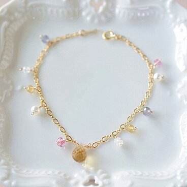 14kgf*シトリン(ドロップカット)×ピンクトパーズ×アイオライトのブレスレット(デザインチェーン)
