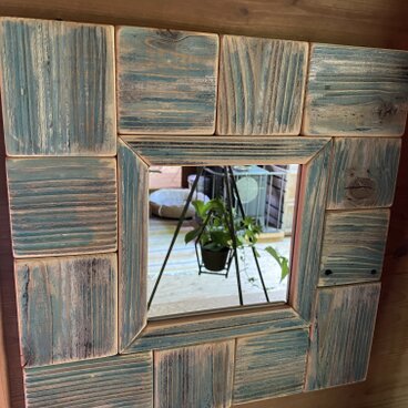 シャビーシック木の額　鏡・ミラー　Blue