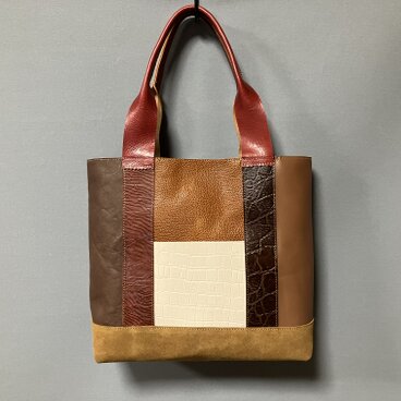 レザーブロックパッチワークトートバッグ 茶