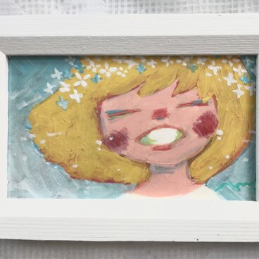 「お花の女の子」手描きのミニイラスト☆名刺サイズ絵画