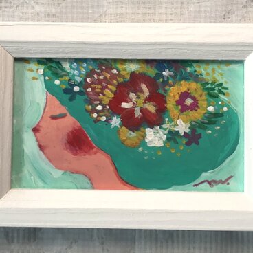 「お花の女の子」手描きのミニイラスト☆名刺サイズ絵画