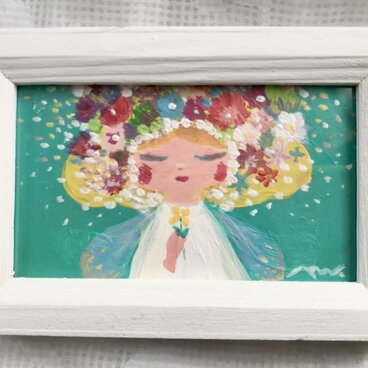 「お花の女の子」手描きのミニイラスト☆名刺サイズ絵画