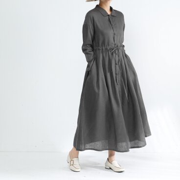 ギャザータックロングワンピース・リネン100％・チャコールグレー·サイズオーダーok