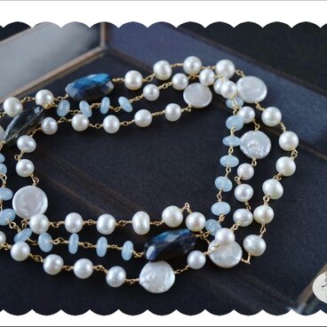 淡水パールとアクアマリンのロングネックレス