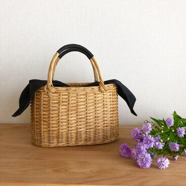 横長トートかごバッグ　黒×黒