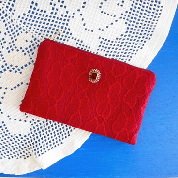 レース模様のぺたんこポーチ＊柘榴no３