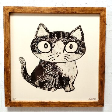 額付き銅版画作品　title「お目覚めニャンコ」