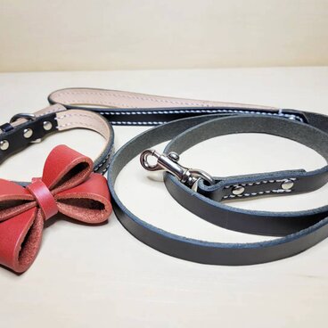 本革製　小型犬向き　【リード＋リボン付き首輪】Set (ブラックｘご希望カラー＊リボン）　＊完全受注作成＊