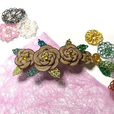 #水引バレッタ　胡桃色　梅結び4枚並び　大きな髪飾り