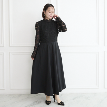 【✨丈調整できる】スタンドカラー レースコーデ風 フレアワンピース　ブラック　0564BK