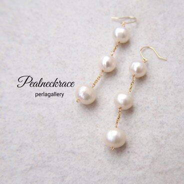 14k 24k 淡水パール 3連 ピアス / イヤリング　ホワイト