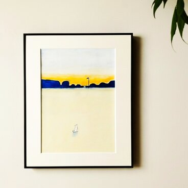 風景画｜原画「夕暮れの公園で」イラスト　水彩　絵画　一点物　※四つ切りサイズ額縁入り