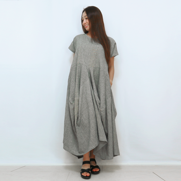 ２０％OFFコットンリネンのゆったりドレープワンピース、杢グレー、フリーサイズ
