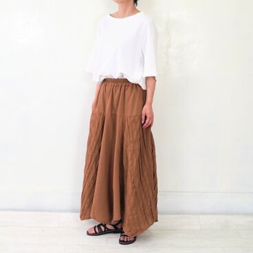 【足長効果】ピンタック　リネン マキシ丈 ロング スカート　ブルー　キャメル