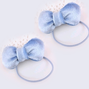 水色ベロア生地の丸いリボンヘアゴム２個セット