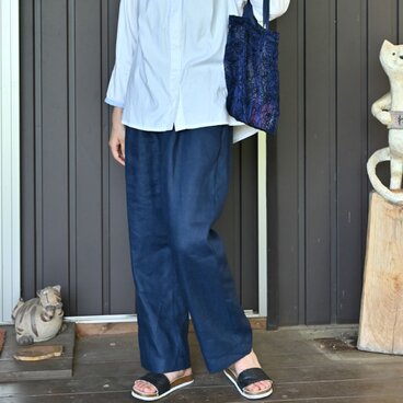 ベーシックストレート リネンパンツ：ネイビー