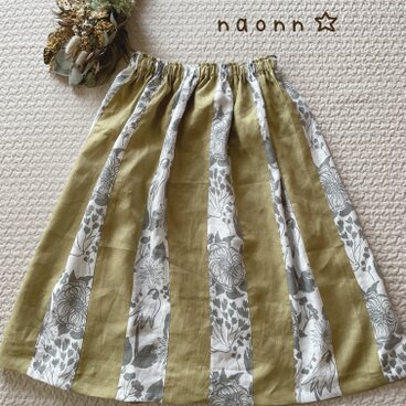 バイカラーのリネンギャザースカート