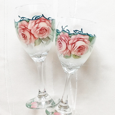 ワイングラス　ペア　/   ピンクのバラ