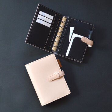 【ミニ6穴システム手帳：ヌメ革　ナチュラル ベージュ×ブラック】牛革製　MK-1501-SUN_belt