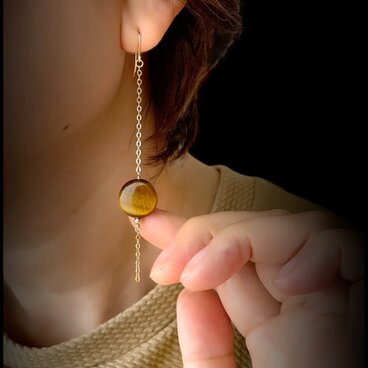 ゆれるタイガーアイ 振り子ピアス | 14kgf　ロングピアス　