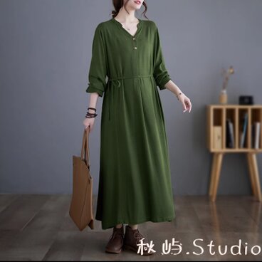 New秋色~グリーン リネン長袖ワンピース   ゆったり カジュアル ロング丈スカート 春秋★
