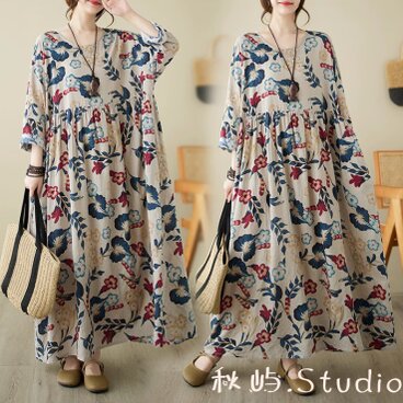 New秋色~花柄.長袖ゆったりワンピース ロング丈スカート. レトロ 綿 .コットン  春秋★