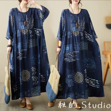 New秋色~紺色.ゆったり長袖ワンピース ロング丈スカート. レトロ 綿 .コットン  春秋★