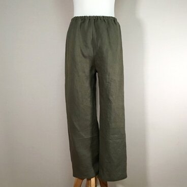 【厚手リネン】イージーパンツ　ストレート・ロング◆オリーブ◆M・Ｌ◆ウィンターリネン（15番手）
