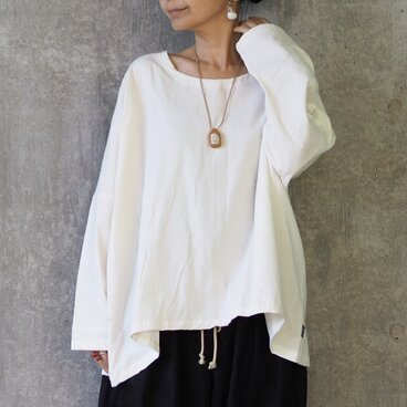 ふわっと起毛コットン、シンプル長袖トップス/ホワイト