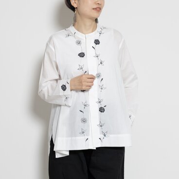 比翼仕立てノーカラーブラウス【手描き更紗牡丹】