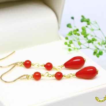 シンプルなのに印象的♪ 赤珊瑚 レッドコーラル 14kgf ロングピアス 3月誕生石