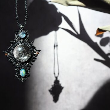 天然石マクラメネックレス ルチルクォーツ レインボームーンストーン オパール