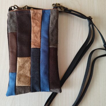 柿渋染め11号帆布/バッカス生地パッチワーク携帯入れショルダー