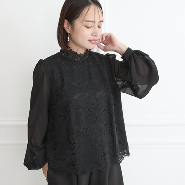 選べる3サイズ　花柄レース＋シフォン袖 ブラウス 長袖　ブラック　0552BK