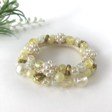 ビーズボール ビジュー クロッシェ シュシュ ミモザ イエロー  黄色 ヘアゴム まとめ髪 かぎ針編み 春