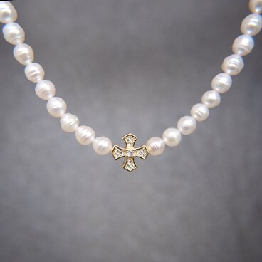 14kgp  ”Louvre” 淡水パール ネックレス クロス ホワイト 真珠